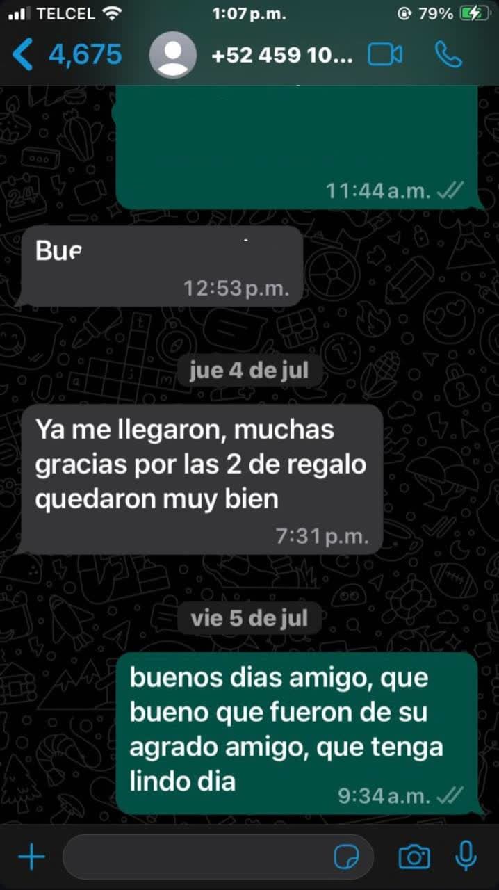 Referencia de cliente — comentario real recibido por WhatsApp