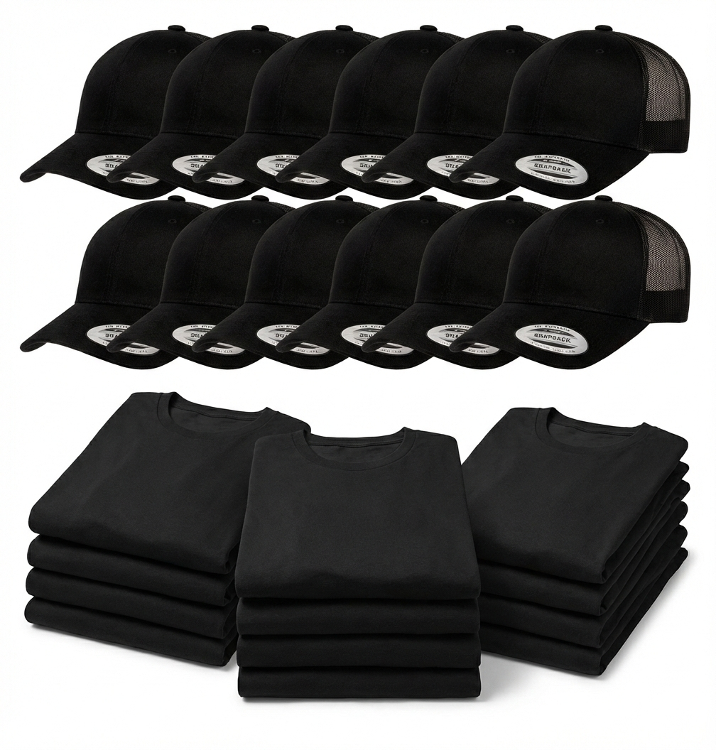 🧢👕Pack–12 Gorra Yupoong+12 Playeras Negras